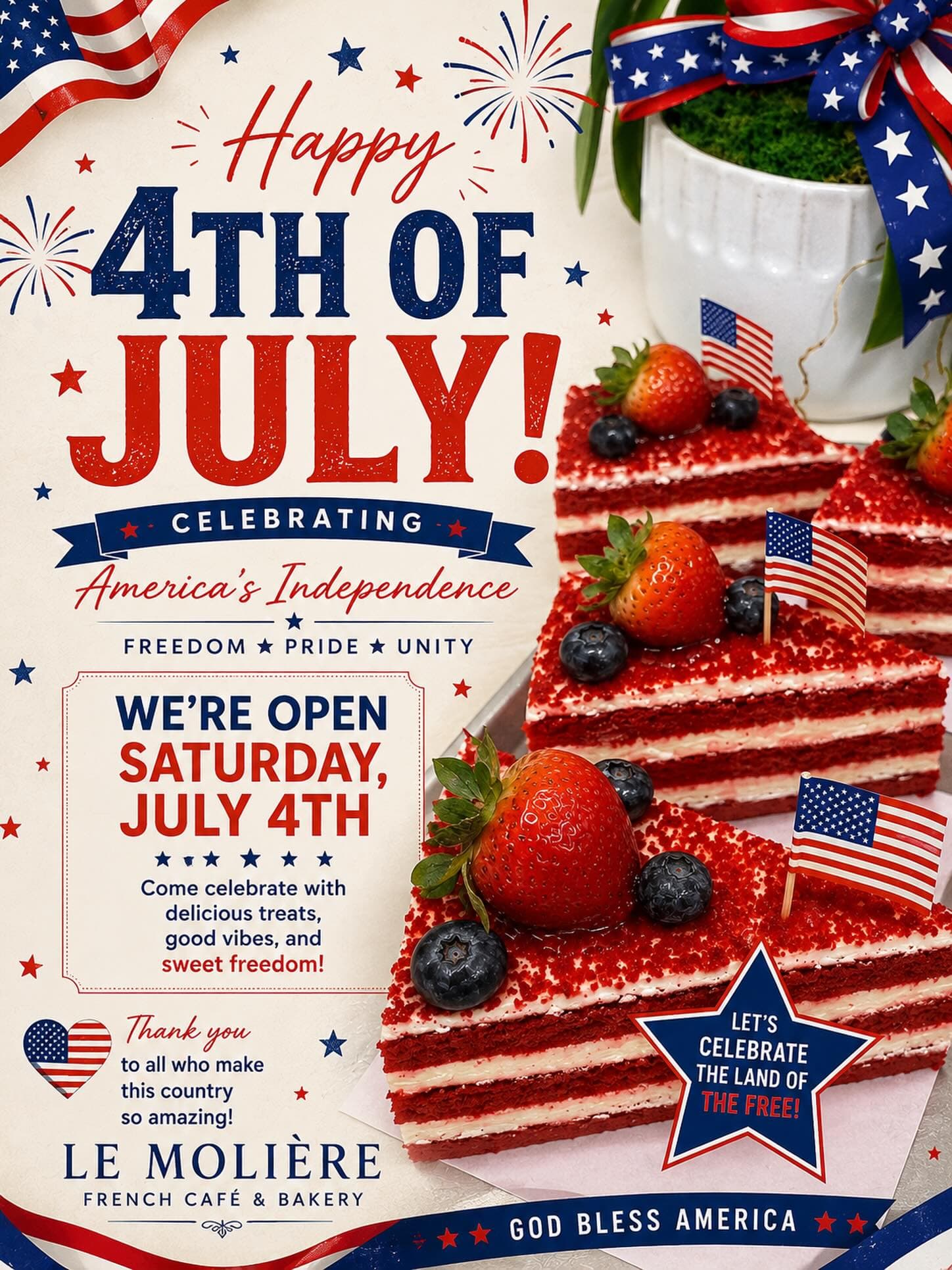 Layered red velvet cake slices for a Fourth of July celebration