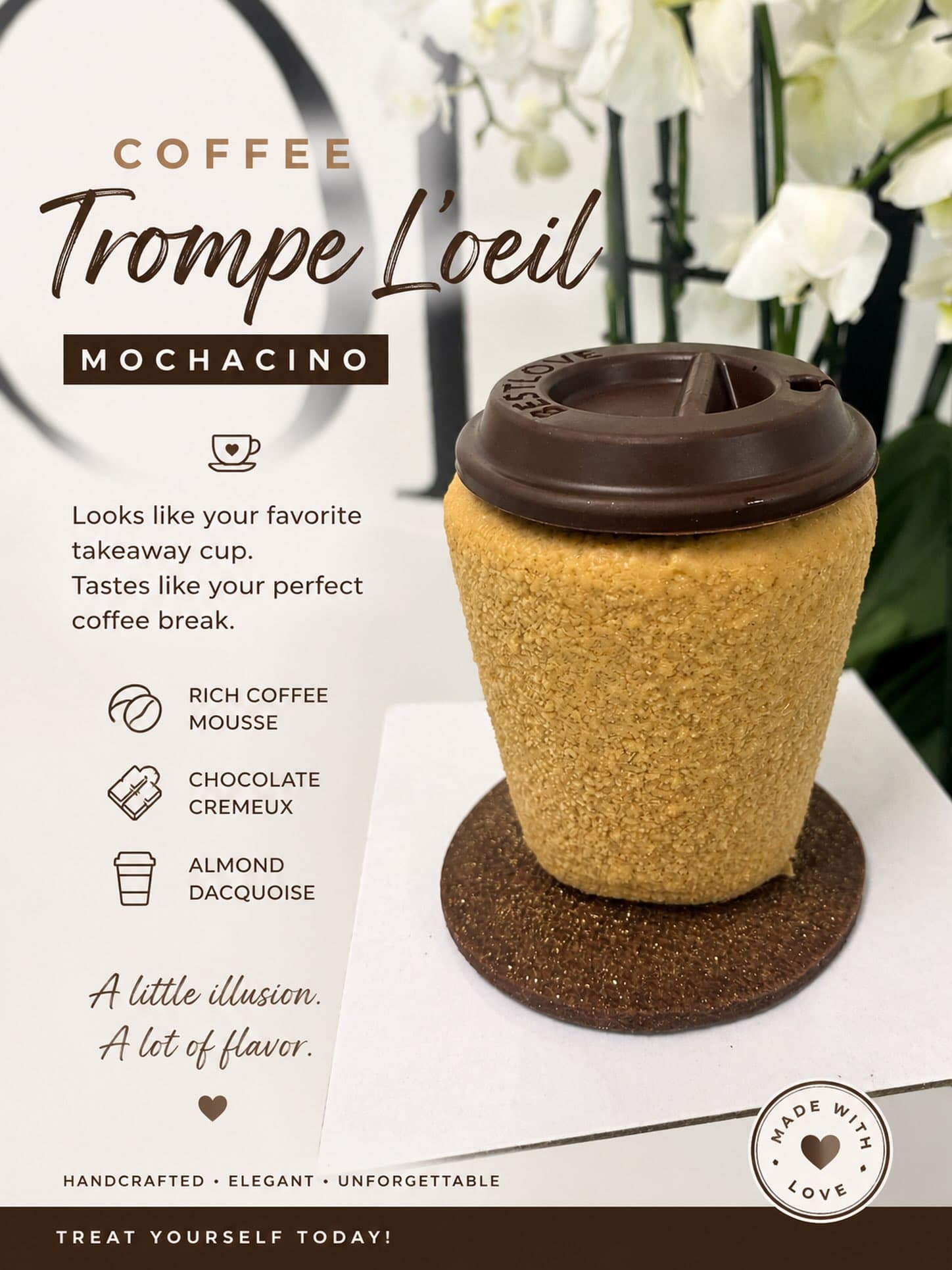 A trompe-l'œil mochaccino pastry shaped like a coffee cup