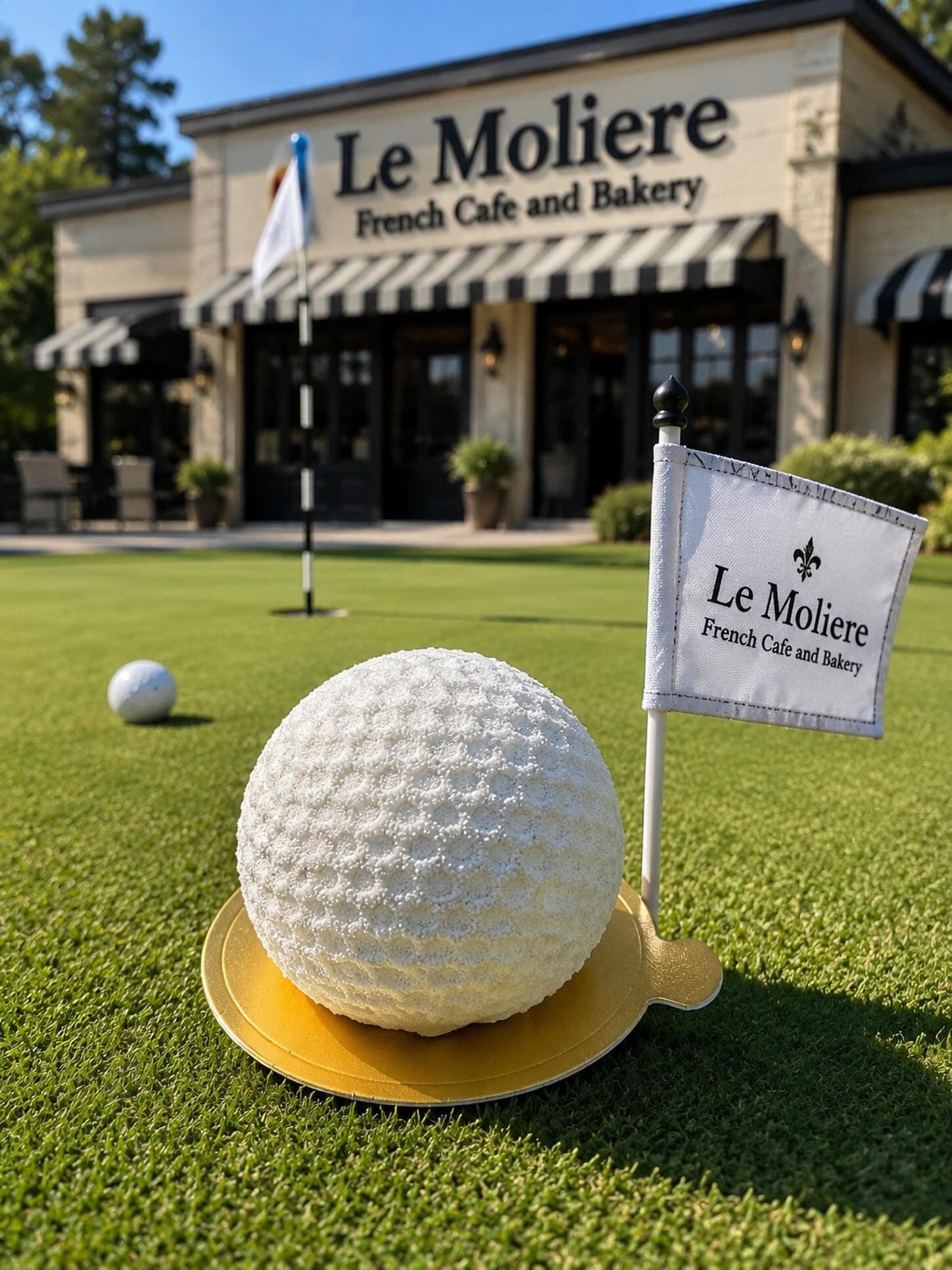 A trompe-l'œil cake shaped like a golf ball, staged on a putting green