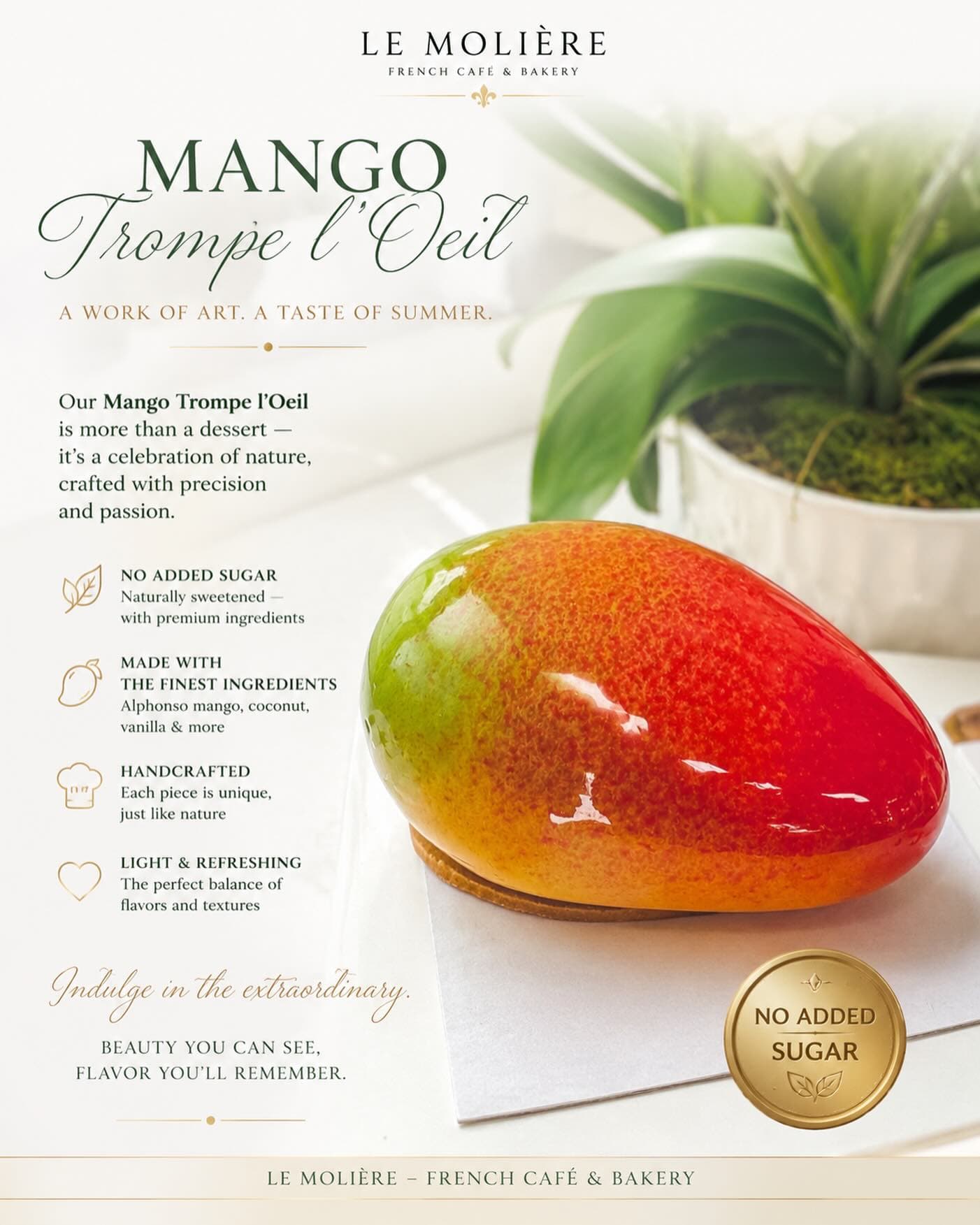A trompe-l'œil dessert styled to look exactly like a mango