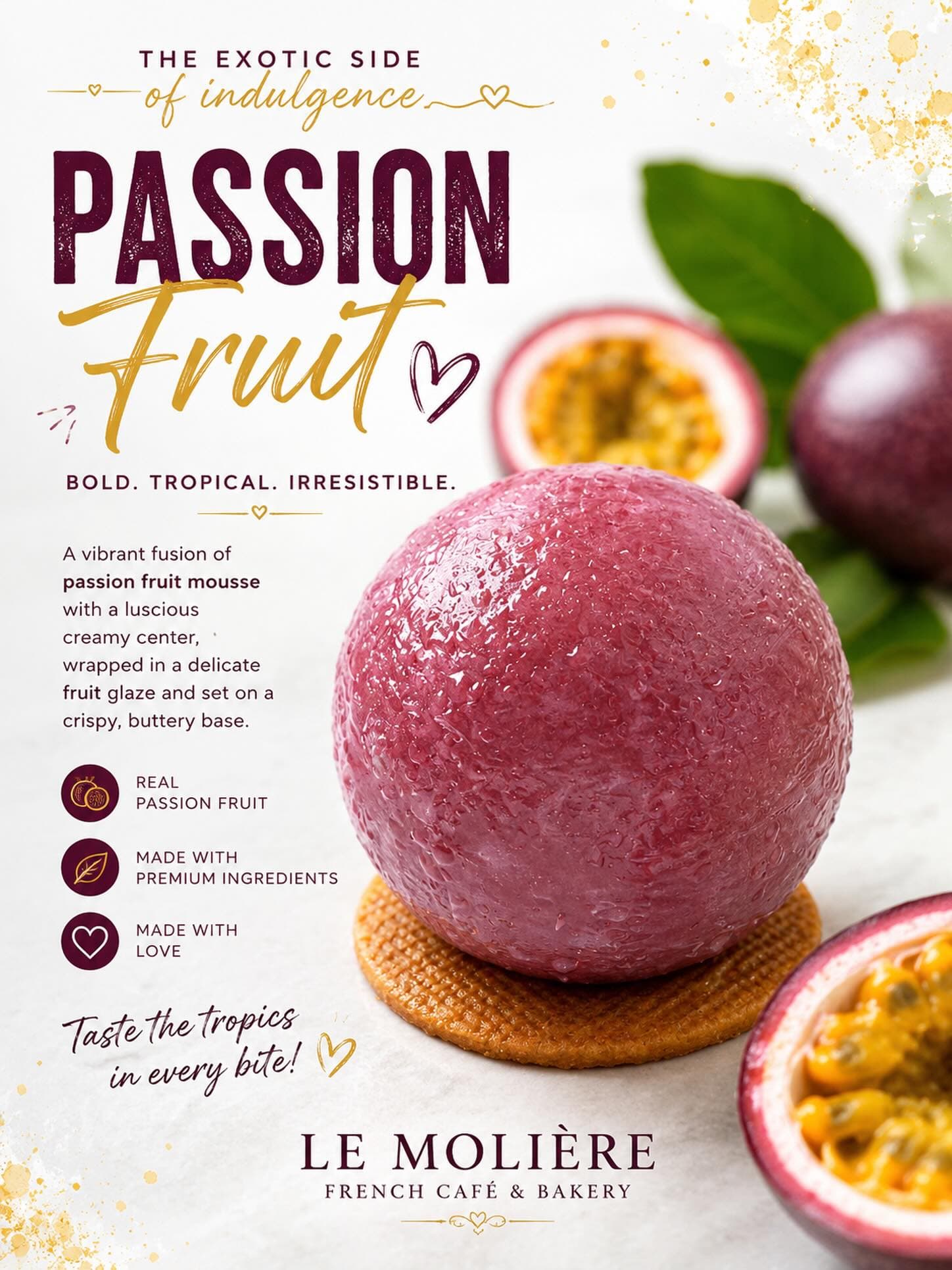 A trompe-l'œil dessert styled to look like a passion fruit